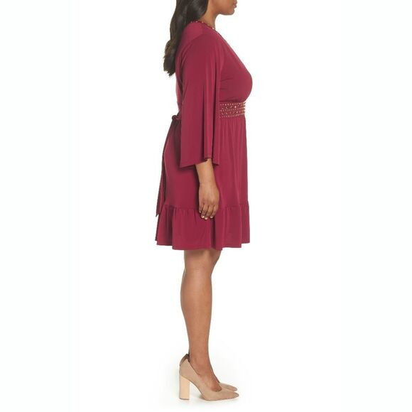 New! MICHAEL KORS Women's Studded Ruffle-Hem Jersey Dress Plus Size Maroon - Picture 7 of 9